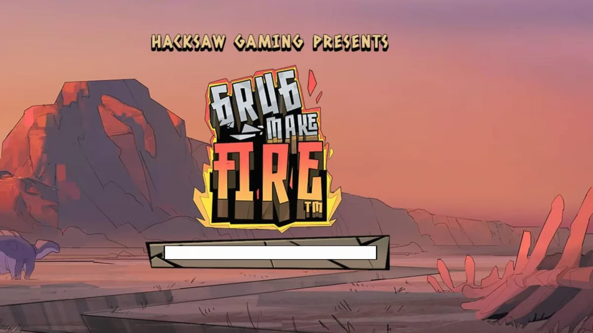 Grug Make Fire slot game interface featuring the caveman and burning reels