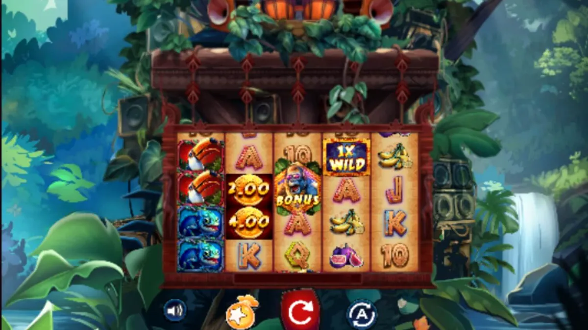 Giao diện trò chơi slot Kongo Bongo với chủ đề rừng rậm nhiệt đới