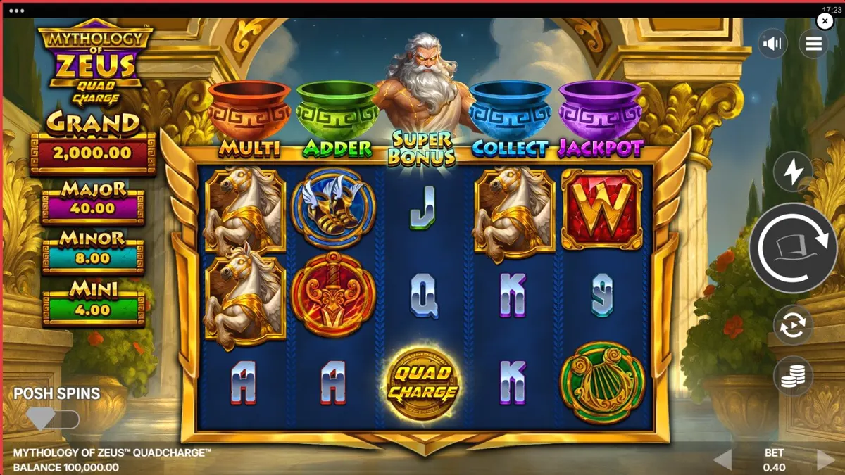 Giao diện trò chơi Mythology of Zeus™ QUADCHARGE™ với hình ảnh thần Zeus và các biểu tượng thần thoại.